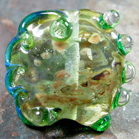 Handmade Lampwork Glass Focal Bead, Extra Large Lentil Clear Raku Green Shiny