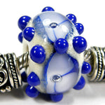 Handmade Large Hole Lampwork Beads, Glass Flowers Dots Blue Ivory