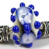 Handmade Large Hole Lampwork Beads, Glass Flowers Dots Blue Ivory