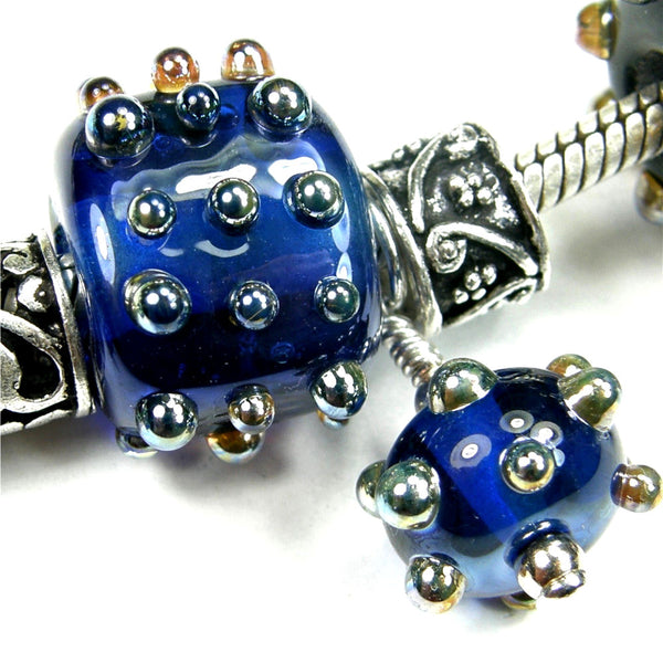 Handmade Large Hole Lampwork Beads, Glass Nugget Set, Cobalt Blue Metallic Dots