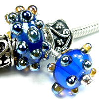 Handmade Large Hole Lampwork Beads, Glass Charm Set, Cobalt Blue Metallic Dots