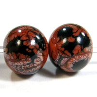 Handmade Lampwork Glass Beads, Coral With Black Webs Metallic Shiny