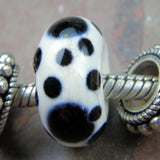 Handmade Large Hole Lampwork Beads, Dalmation Ivory Black Dots Shiny