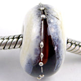 Handmade Large Hole Lampwork Beads, Ivory Dark Amber Rootbeer Band Silver Shiny