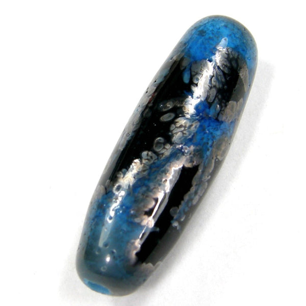 Handmade Lampwork Glass Focal Bead, Oblong Rustic Dark Sky Blue Gunmetal Webs