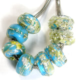 Handmade Large Hole Lampwork Beads, Glass Charms Nuggets Turqouise Ice Silver