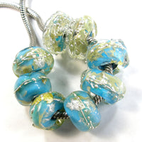 Handmade Large Hole Lampwork Beads, Glass Charms Nuggets Turqouise Ice Silver