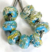 Handmade Large Hole Lampwork Beads, Glass Charms Nuggets Turqouise Ice Silver