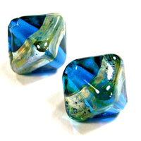 Handmade Lampwork Glass Diamond Beads, Dark Aqua Blue Aurae Band Shiny