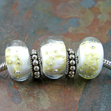 Handmade Large Hole Lampwork Beads, Glass Charm, Encased White Silver