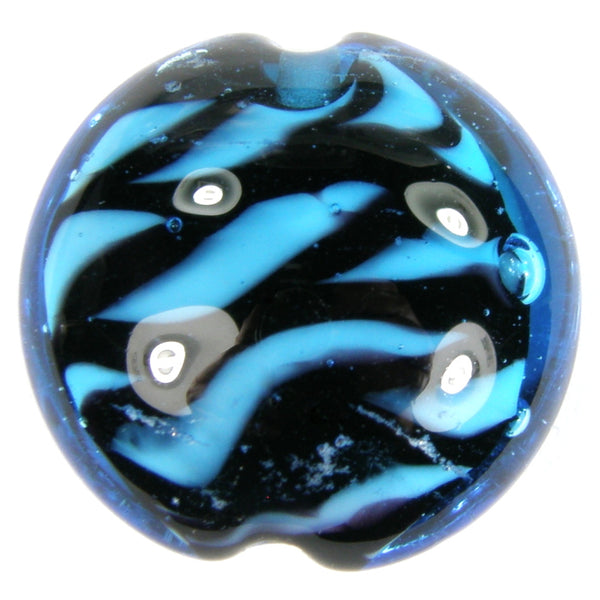 Handmade Lampwork Glass Lentil Beads, Blue Black Tiger Zebra Stripes Shiny