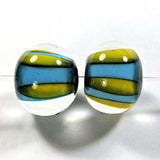 Handmade Lampwork Glass Bead Pairs, Dark Sky Blue Apricot Stripes Encased Shiny