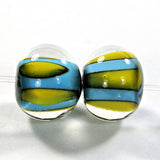 Handmade Lampwork Glass Bead Pairs, Dark Sky Blue Apricot Stripes Encased Shiny