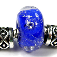 Handmade Large Hole Lampwork Beads, Cobalt Blue Cubic Zirconias CZ Silver Leaf