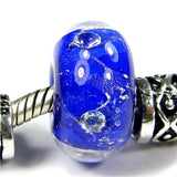 Handmade Large Hole Lampwork Beads, Cobalt Blue Cubic Zirconias CZ Silver Leaf