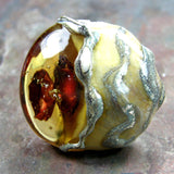 Handmade Lampwork Glass Focal Bead, XL Lentil Copper Disks Amber Honey Shiny