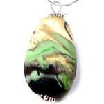 Satin Black Ivory Green Lampwork Teardrop Pendant Necklace, Sterling Silver, Handmade Jewelry