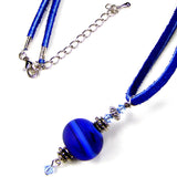 Etched Royal Blue Lampwork Necklace Swarovski Crystals Leather