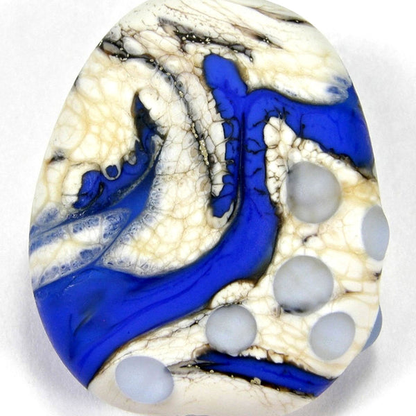 Handmade Lampwork Glass Focal Bead, Cobalt Blue Ivory Dots Etched