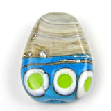 Handmade Lampwork Glass Focal Bead, Fossiled Ivory Sky Blue Lime Silver Dots Shiny