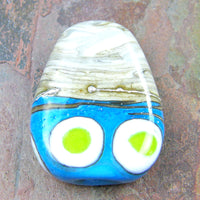 Handmade Lampwork Glass Focal Bead, Fossiled Ivory Sky Blue Lime Silver Dots Shiny