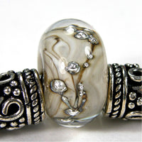 Handmade Large Hole Lampwork Beads, Glass Bracelet Charm, Encased Fossiled Ivory Silver