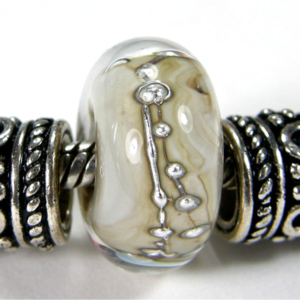 Handmade Large Hole Lampwork Beads, Glass Bracelet Charm, Encased Fossiled Ivory Silver