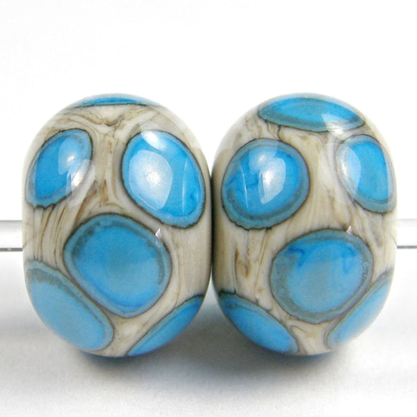 Handmade Lampwork Glass Dot Beads, Fossiled Ivory Sky Blue Shiny