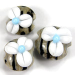 Handmade Lampwork Glass Lentil Bead Set, White Flowers Navy Stripes Fossiled Ivory Shiny