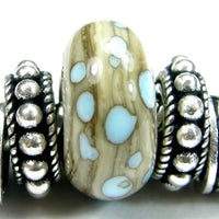 Handmade Large Hole Lampwork Beads, Glass Slider Charm Fossiled Ivory Sky Blue Shiny