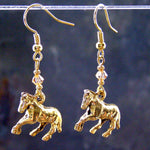 Golden Galloping Horse Dangle Earrings, Topaz Swarovski Crystals, Handmade Jewelry