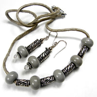 Retro Boho Gray Lampwork Necklace Earrings Jewelry Set