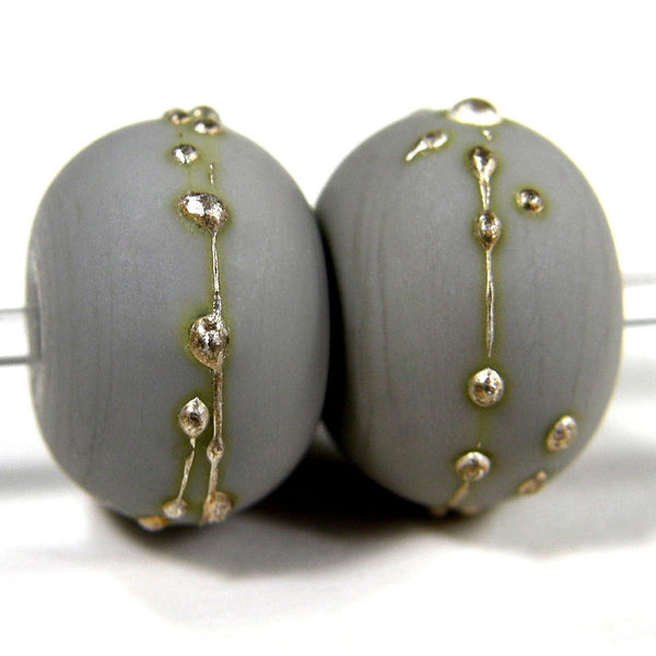 Handmade Lampwork Glass Beads, Light Gray, Silver Etched Matte 248efs