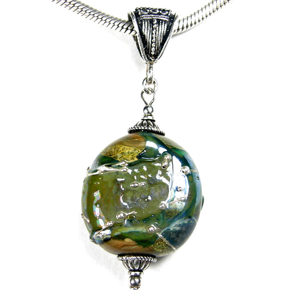 Grecian Love Metallic Green Lampwork Pendant, Sterling Silver, Handmade Jewelry
