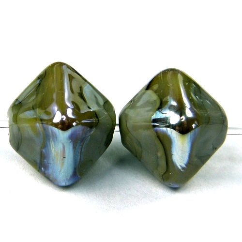 Handmade Lampwork Glass Diamond Beads, Avocado Green Aurae Band Shiny