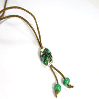 Green Blue Black White Lampwork Necklace, Adjustable Brown Leather Lace Cord