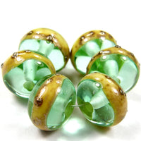 Handmade Lampwork Glass Band Beads, Pale Emerald Green Ivory Silver Shiny