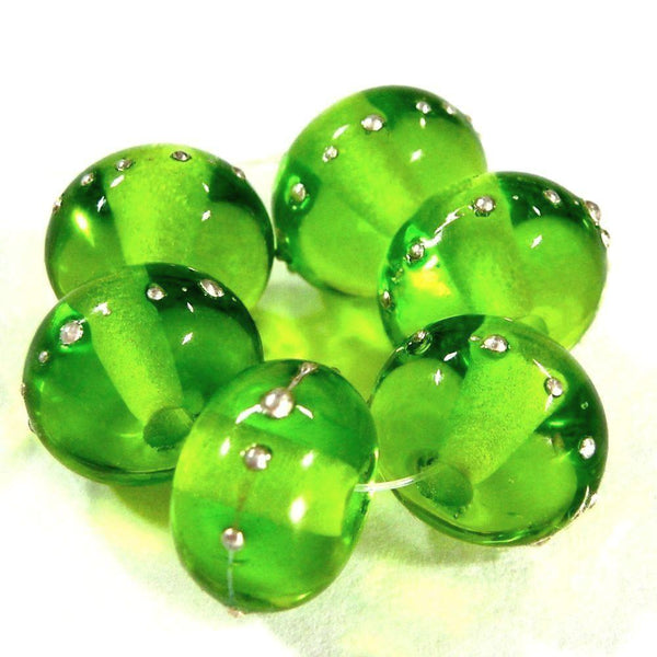Handmade Lampwork Glass Beads, Dark Grass Green Silver Shiny 024gfs