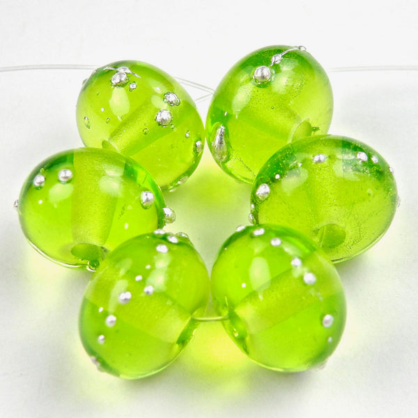 Handmade Lampwork Glass Beads, Light Grass Green Silver Shiny 020gfs
