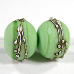 Handmade Lampwork Glass Beads, Grasshopper Green Silver Etched 213efs