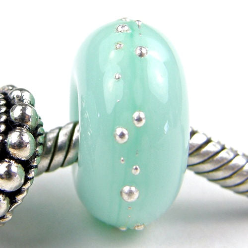 Handmade Large Hole Lampwork Beads, Glass Charms Mint Green Kryptonite Silver