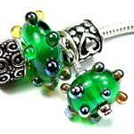 Handmade Large Hole Lampwork Beads, Glass Bracelet Charm Set, Green Metallic Dots