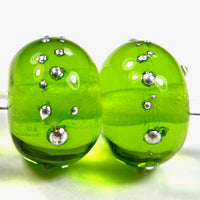 Handmade Lampwork Glass Beads, Medium Grass Green Silver Shiny 022gfs