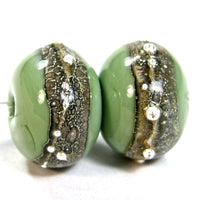 Handmade Lampwork Glass Band Beads, Moss Green Heavy Silvered Ivory Silver