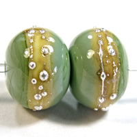 Handmade Lampwork Glass Band Beads, Moss Green Silvered Ivory Silver