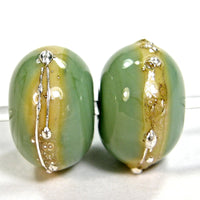 Handmade Lampwork Glass Band Beads, Moss Green Silvered Ivory Silver