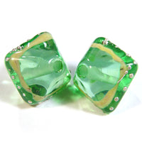 Handmade Lampwork Glass Diamond Beads, Pale Emerald Green Ivory Silver
