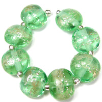 Handmade Lampwork Glass Lentil Bead Set, Light Emerald Green Silver Leaf Silver Shiny