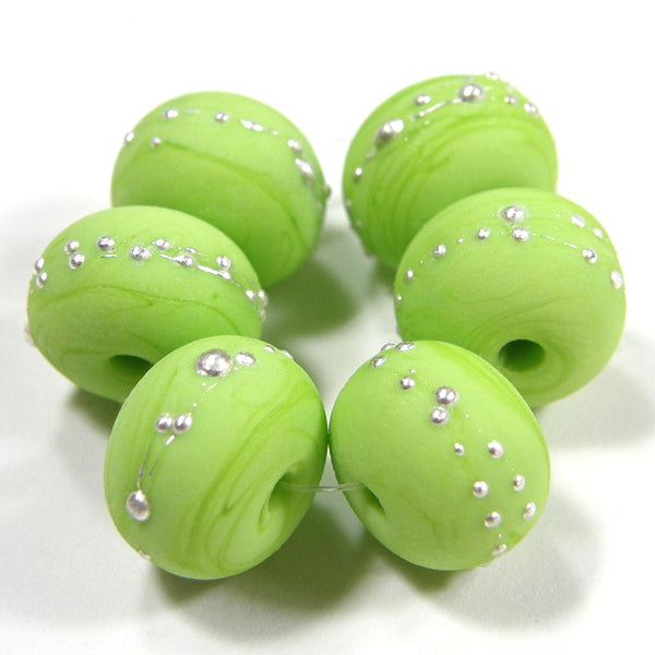 Handmade Lampwork Glass Beads, Lime Green Silver Etched Matte 212efs
