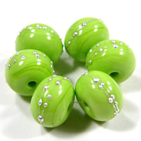 Handmade Lampwork Glass Beads, Lime Green Silver Shiny Glossy 212gfs
